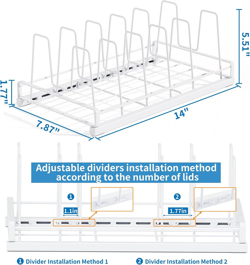 Food Container Lid Organizer Rack with Adjustable 6 Dividers, White