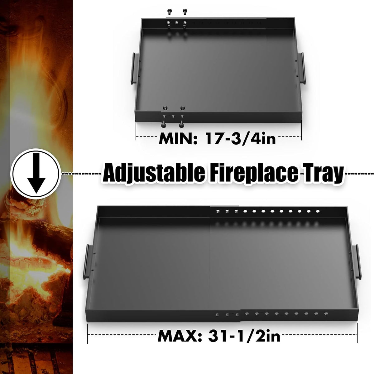 Fireplace Tray,Rectangle Fireplace Pan Extend Up to 31'' Length,Adjustable Ash Pan with Handles for Fireplace Grate Ash Collection,13'' Front to Back,Include a Cleaning Brush