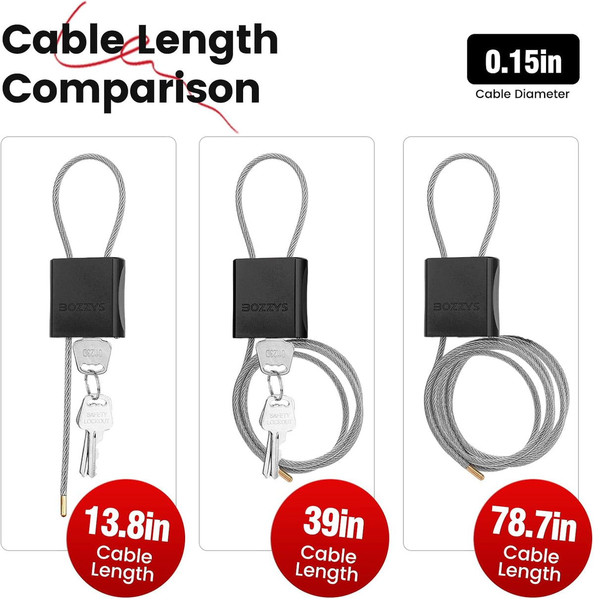 Cable Padlock with 3 Keys | L 1.15ft(0.35m),D 1/6in(4mm) Adjustable Steel Cable Lock | Aluminum Locks for Bikes, Gate, Lockers & Outdoor Gear | Weatherproof & Black