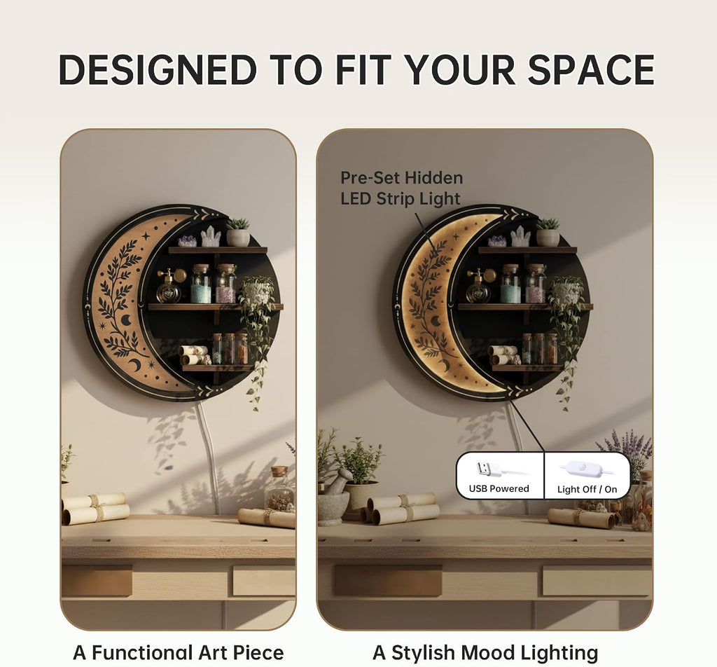 Wall Shelves for Bedroom, Moon Shelf with LED Light, Whimsical Decor