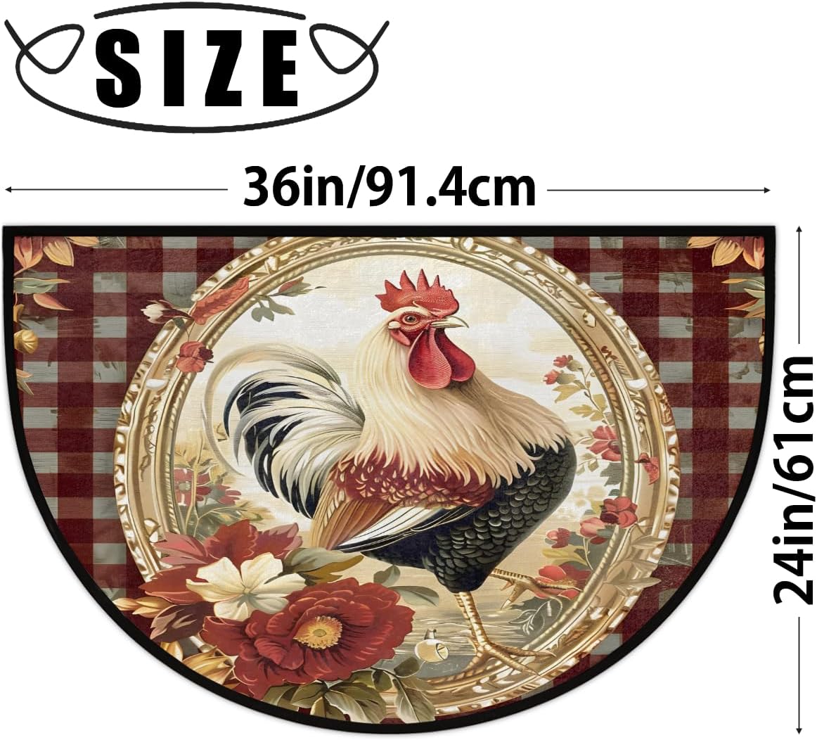 Half Round Door Mat Vintage Plaid Rooster Chicken Non-Slip Semi Circle Area Rug Washable Half Moon Hearth Rugs for Indoor Outdoor Bathroom Kitchen Patio Runner Mat Laundry Room Home Decoration