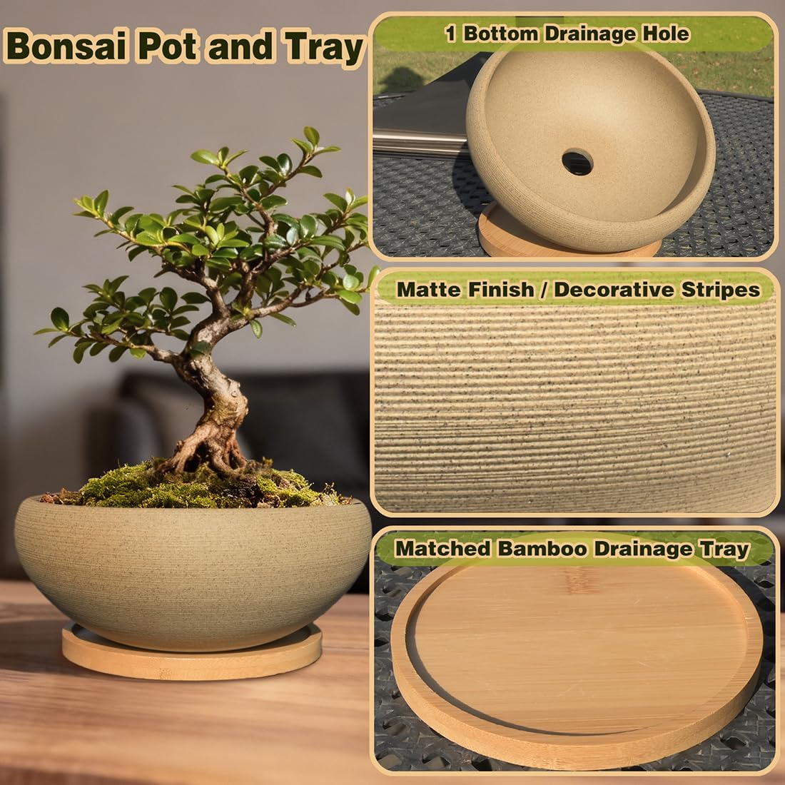 MUZHI 8 inch Round Unglazed Ceramic Bonsai Pot with Bamboo Tray, Shallow Plain Pottery Succulent Planter with Drainage Hole (8”)