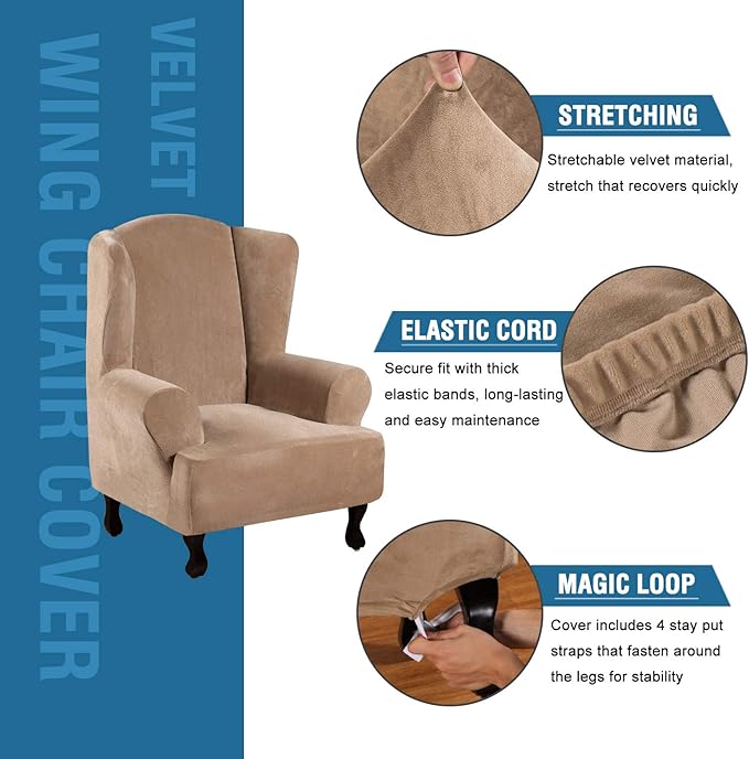 H.VERSAILTEX Wingback Chair Covers Velvet Plush Wing Chair Slipcover 1 Piece - Image 2