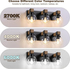 Farmhouse Bathroom Light Fixtures, 3-Light Rustic Wood Bathroom Lights Over Mirror with Glass Globe Shades, Matte Black Wall Mounted Lamp Vanity Lights for Bathroom Bedroom Living Room Cabinet