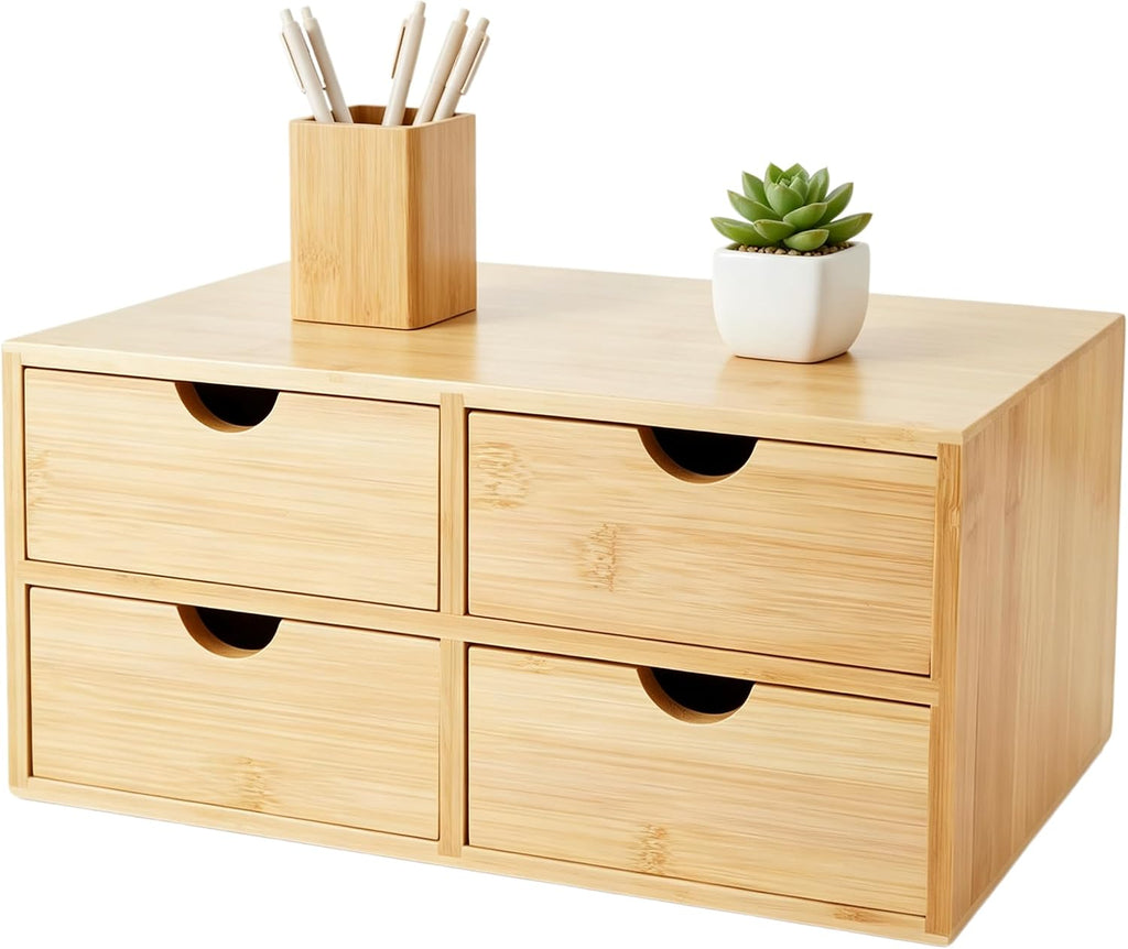Bamboo Desk Organizer with Drawers, Countertop Organizer with Drawers Makeup Storage Drawer 2 Drawers Tabletop Storage Organization Box Home Office Workspace Bathroom Toiletries Supplies
