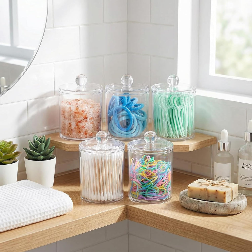 6 Pack Acrylic Qtip Holder with Labels, Qtip Jars for Bathroom