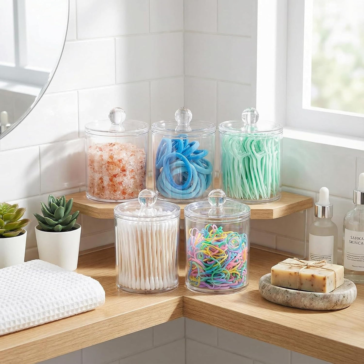 6 Pack Acrylic Qtip Holder with Labels, Qtip Jars for Bathroom
