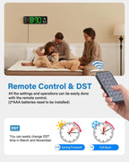 Digital Wall Clock, Digital Clock Large Display with Remote Control, Corded LED Alarm Clocks with Date, Week, Temp, Humidity, Auto DST, Countdown, for Living Room Bedroom Classroom Office (Green)