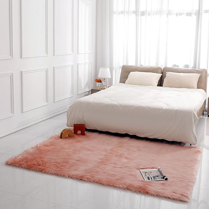 linmopm Faux Fur Rug Sheepskin Shag Fluffy Fuzzy 5x7 ft Pink Rugs - Image 2
