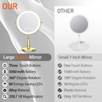 Vanity Mirror with Lights, 9'' Lighted Makeup Mirror, 1X/20X Double Sided Magnifying Mirror, 5000mAh Rechargeable, 3 Color Dimmable LED, 360° Rotation Desk Mirror for Makeup & Skincare, Gold