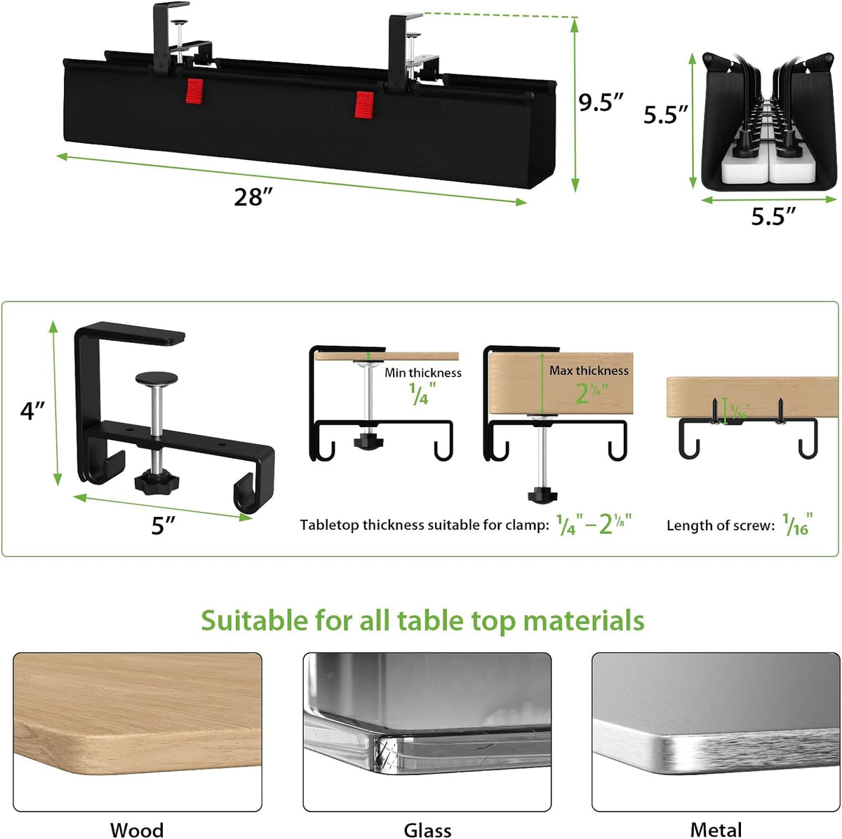 KEEGH No Drill Fabric Under Desk Cable Management Tray 28 in,Black