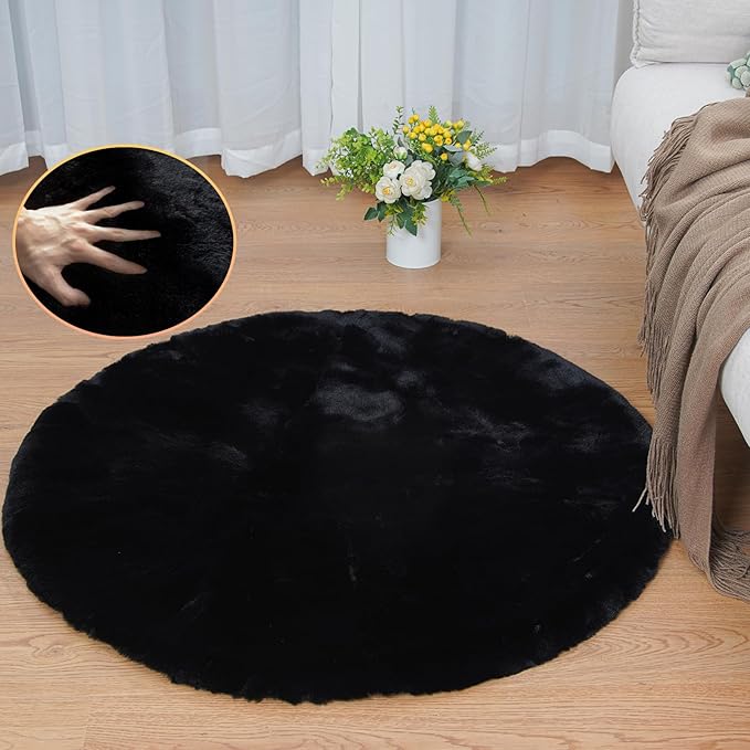 ORINOVA Black Round Plush Rugs for Bedroom Faux Bunny Fuzzy Washable Fur Area - Image 3