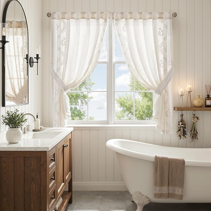 jinchan Belrose Linen Floral Cafe Curtains 54 Inch Length Embroidered Farmhouse - Image 9