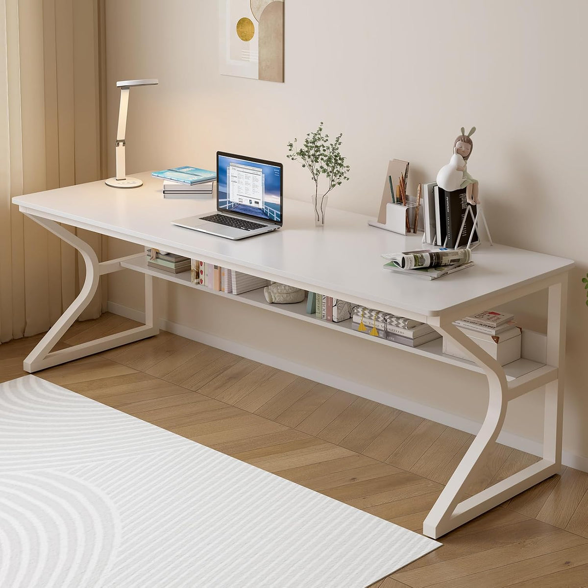 OSCHF 71-Inch Extra Long Desk with Storage Shelf, Warm White