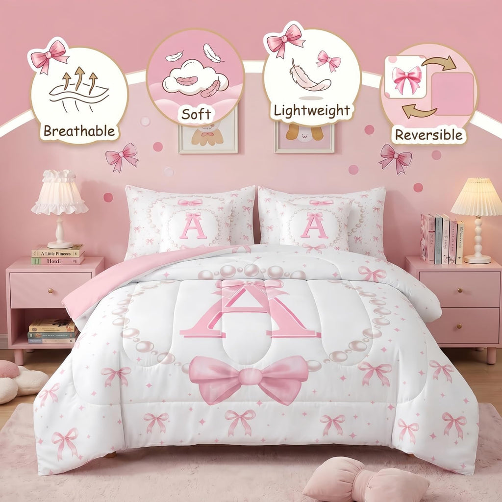 Erosebridal Girls Pink Bow Initial Twin Comforter Set with Sheets - Monogrammed Letter A Bows Bedding Set 7 Piece for Kids Teen, Pink White Ribbon Bow Tie Fitted Flat Sheet, Cute Bowknot Bed Set