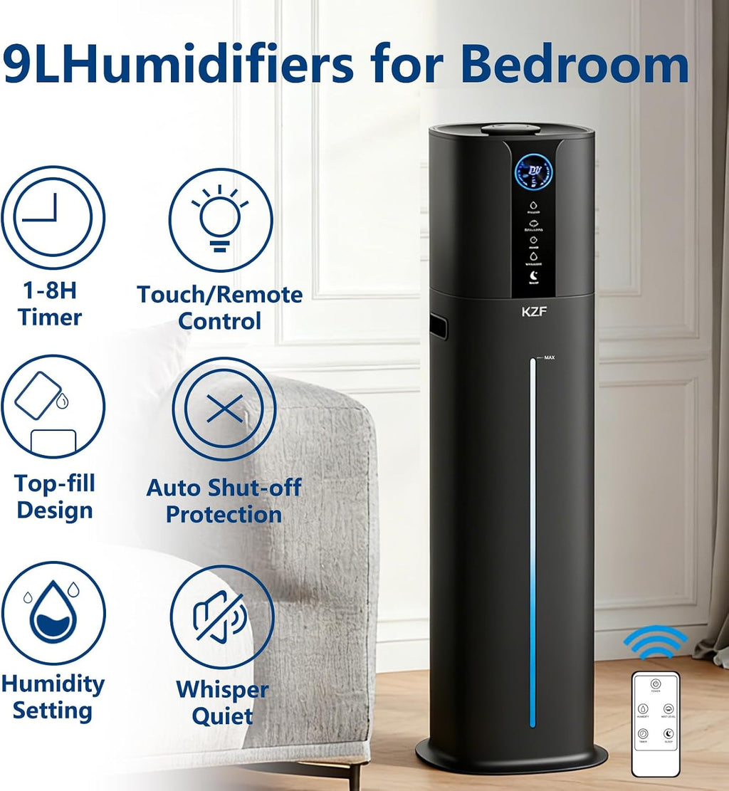 KZF 9L Smart Humidifiers for Bedroom Large Room, 2.3Gal Cool Mist Top Fill Diffuser App & Remote Control, 3 Mist Modes, Quiet Humidifier for Home Office Plant (Black, Remote Control)