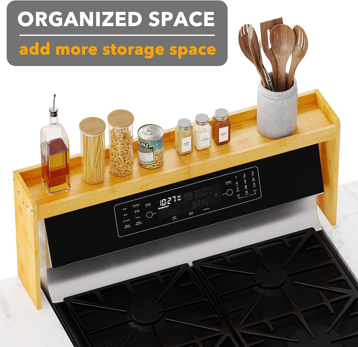 SpaceAid Bamboo Over the Stove Spice Holder Shelf, 31.5" Kitchen Organizer Stove Spice Top Rack, 11.6" Height Countertop Storage, Over Oven Back Sink Organization Shelf, Natural