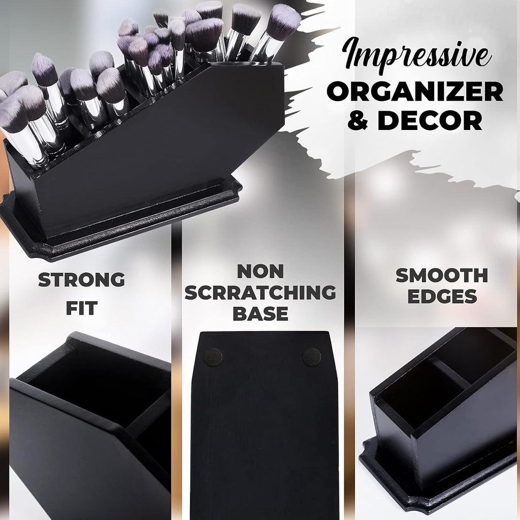 Coffin Brush Holder - Gothic Wooden Makeup Organizer for Vanity - Spooky Halloween Decor for Bathroom, Living Room or Bedroom - Witchy Gifts for Women -Black - 11x6x4 Inches