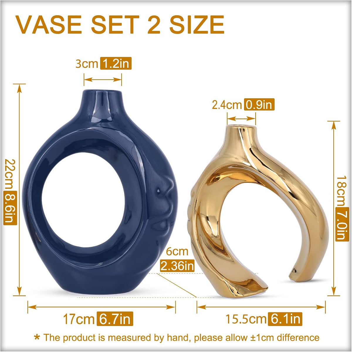 Navy Blue Home Decor Ceramic Vase, Navy Blue Gold Vase with Holes Set of 2