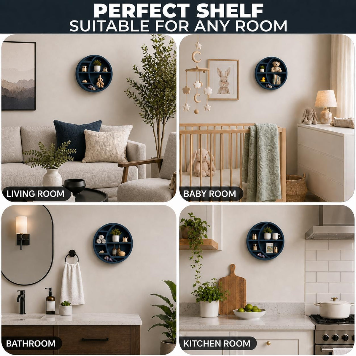 Wooden Crescent Moon Shelf Wall Decor — Aesthetic Floating Crystal Display Holder & Hanging Wall Organizer for Bedroom, Dorm & Spiritual Room Decor | 14"x14"x3.5" | (Navy Blue)