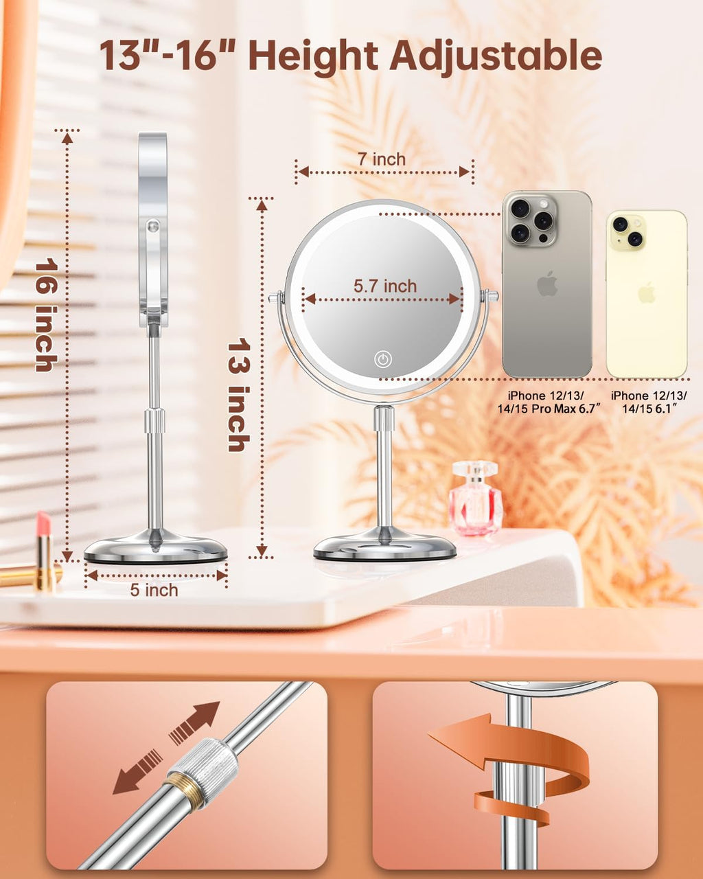 7" Lighted Makeup Mirror with Magnification 10X, Height Adjustable,3 Lights