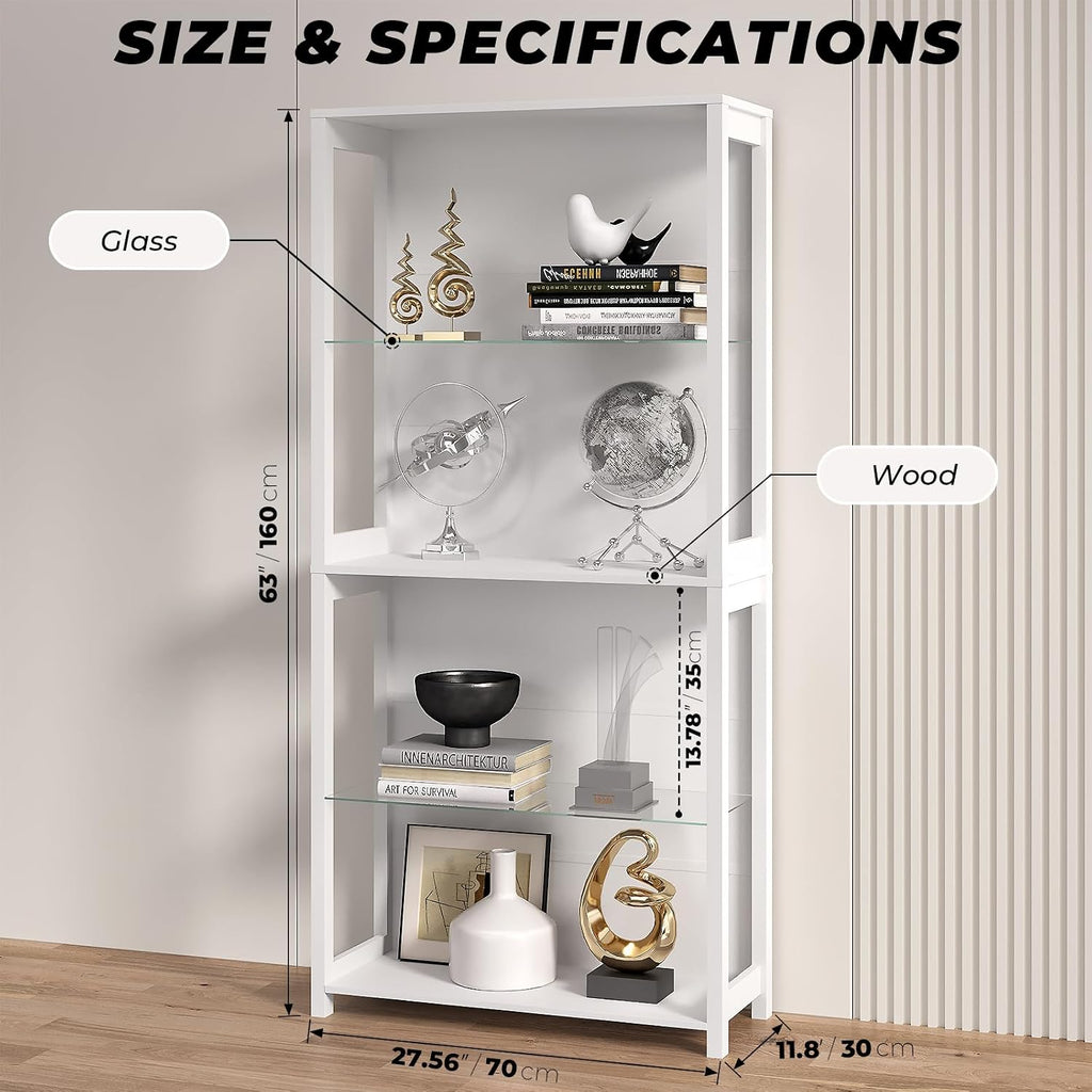 Display Cabinet with Glass Shelves, 4-Tier Display Shelf, White