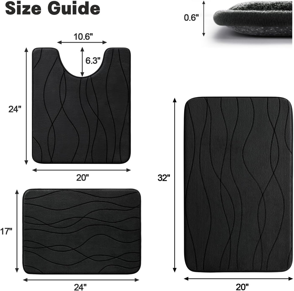 YIHOUSE Bathroom Rugs Set 3 Piece, Memory Foam Bath Mat Black