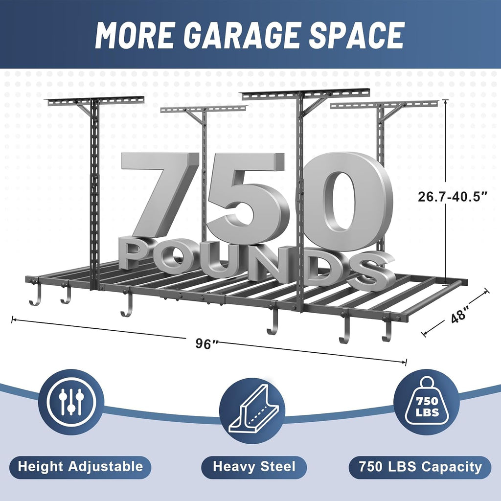4x8FT Overhead Garage Ceiling Storage Rack with 6 Hooks