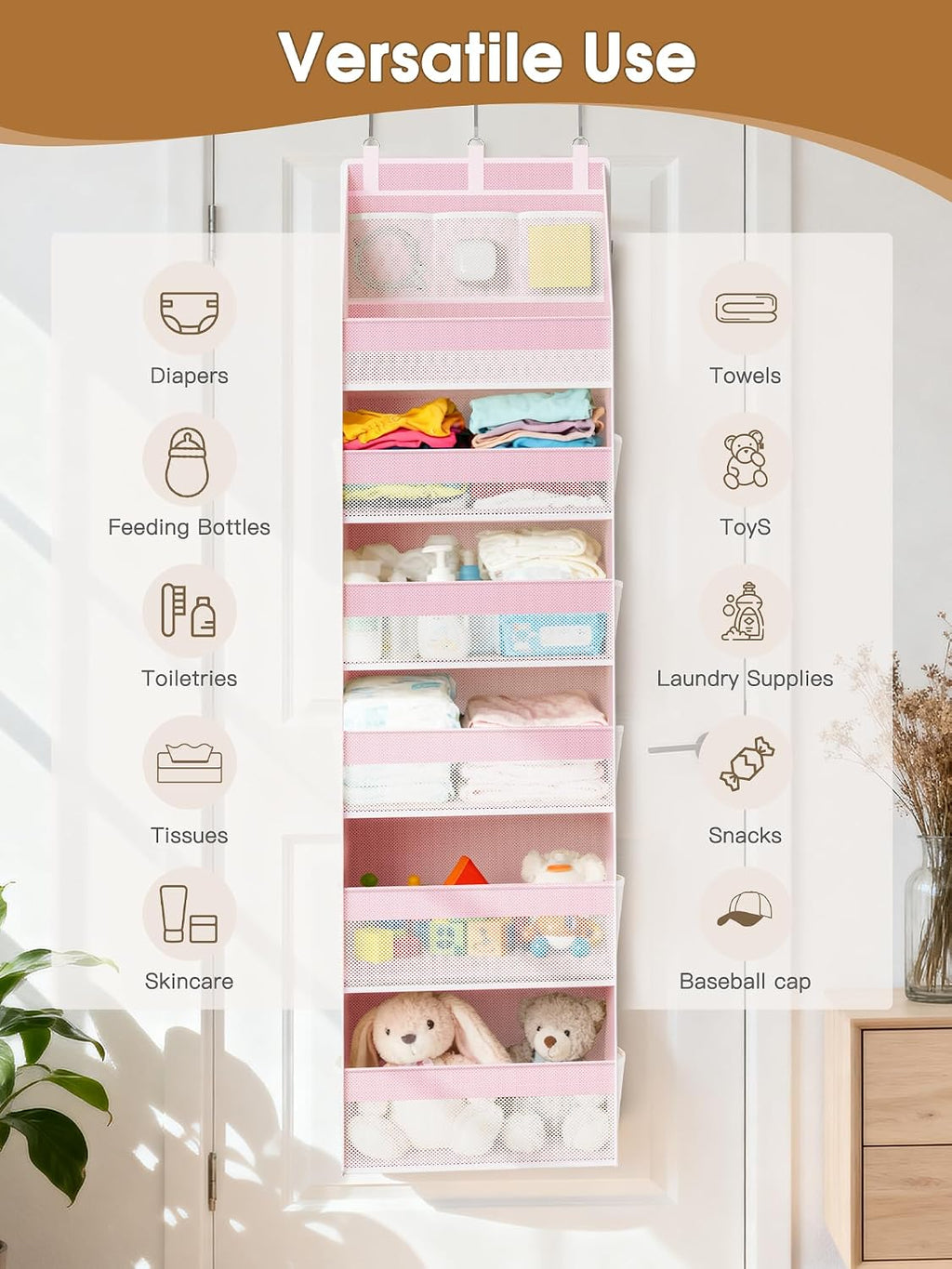 Criusia Over the Door Organizer, 6-Shelf Closet Hanging Storage with 13 Mesh Pockets, 55lbs Capacity Behind the Door Storage for Baby Nursery, Bathroom, Bedroom, and Dorm, Pink