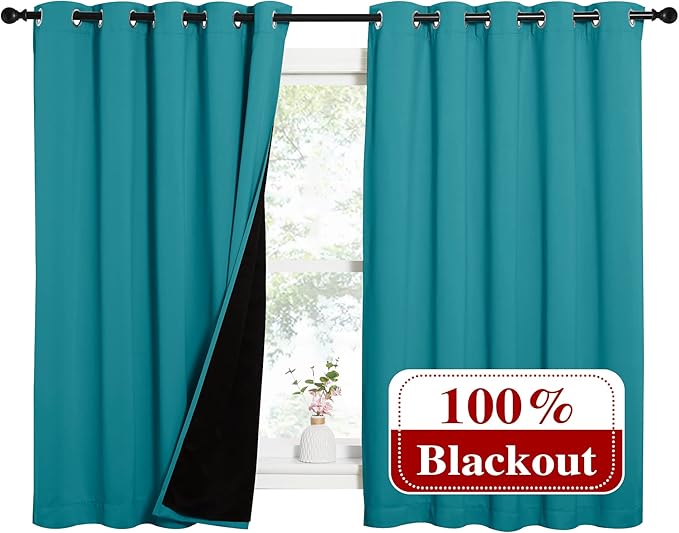 NICETOWN Peacock Teal 100% Blackout Lined Curtains, 2 Thick Layers Completely - Image 2
