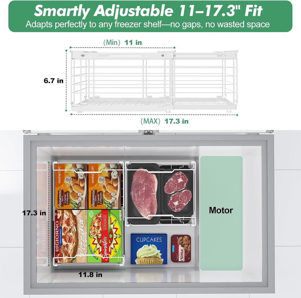 ADRIMER Freezer Organizer Bins, 4 Packs Foldable & Stackable Chest Freezer Organizer Bins with Adjustable Length 11-17.3", Metal Wire Storage Baskets for Upright Freezer, Deep Freezer, Pantry, White