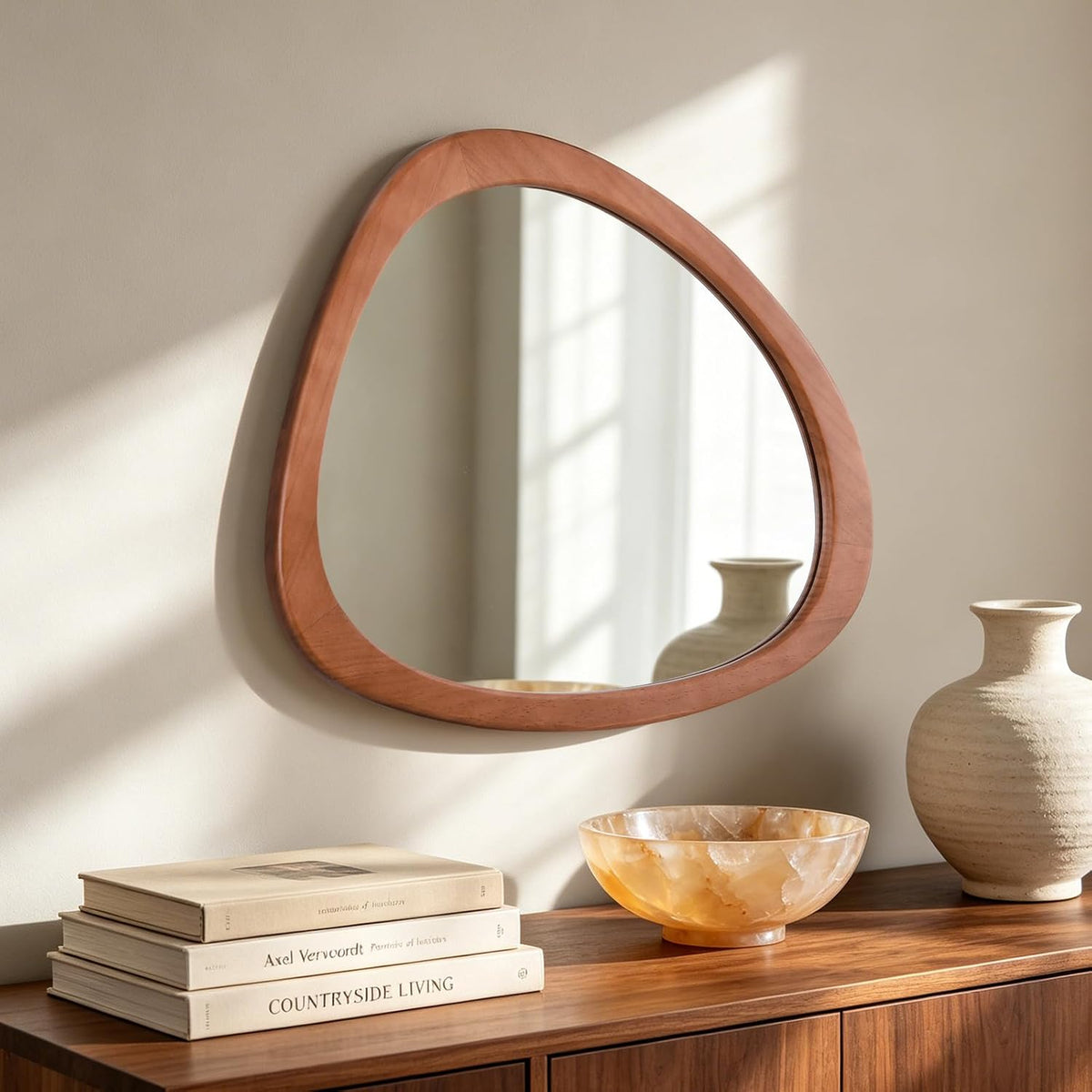 HOMECOOKIN 23 x 19 Asymmetrical Mirror, Irregular Wooden Wall Mirror for Bedroom, Living Room,Entryway– Mid-Century Modern Decorative Mirror, Solid Wood Frame, Pebble Shaped Design (Walnut)