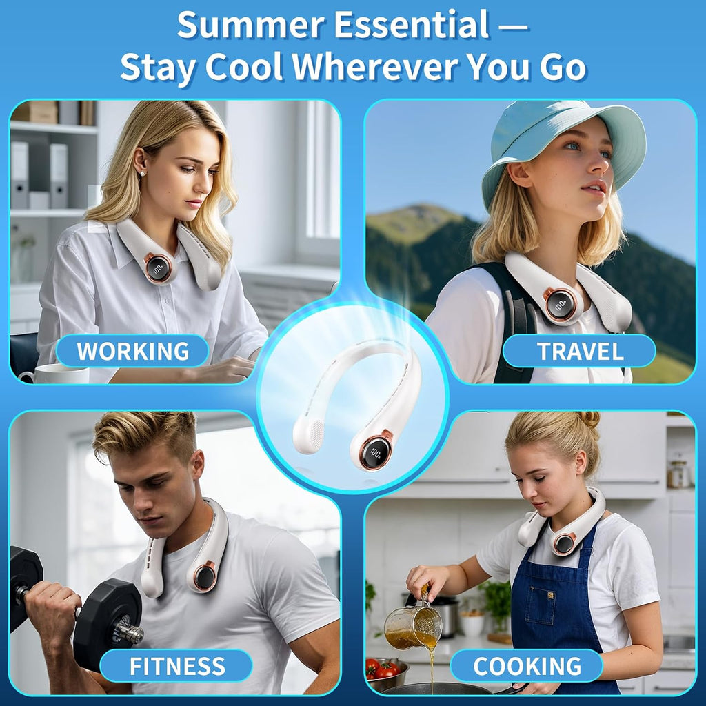 BNBZ Portable Neck Fan, 6000mAh Rechargeable Fan Blows Cold Air with LED Display, 4 Speeds, 20H Runtime, Quiet Wearable 360° Personal Cooling Fan for Outdoor Travel Work Gym,Fireplace Fans-White