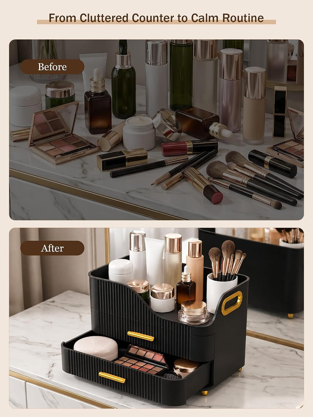 Large Makeup Organizer for Vanity, Bathroom Countertop, Black