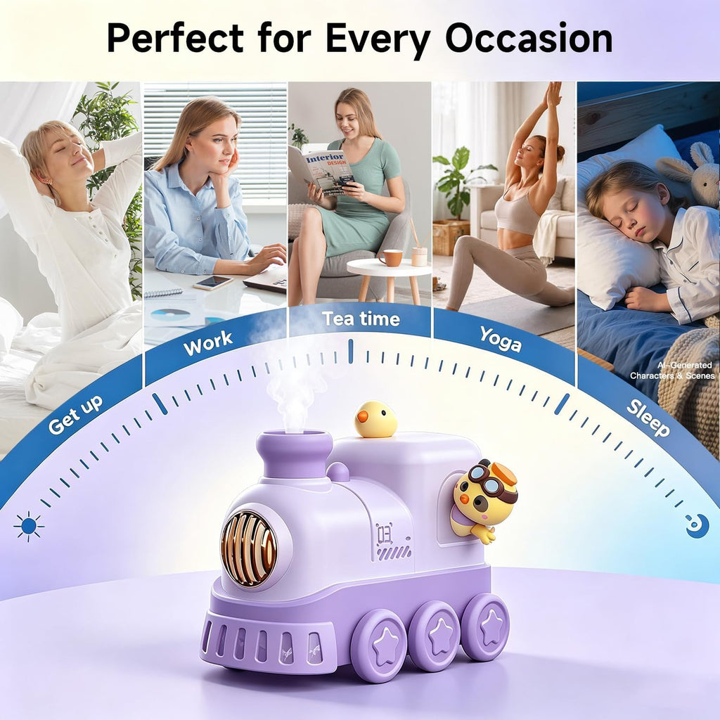 JOSTART Cute Train Humidifier, 300ml Portable USB Desktop, (Soft Purple)