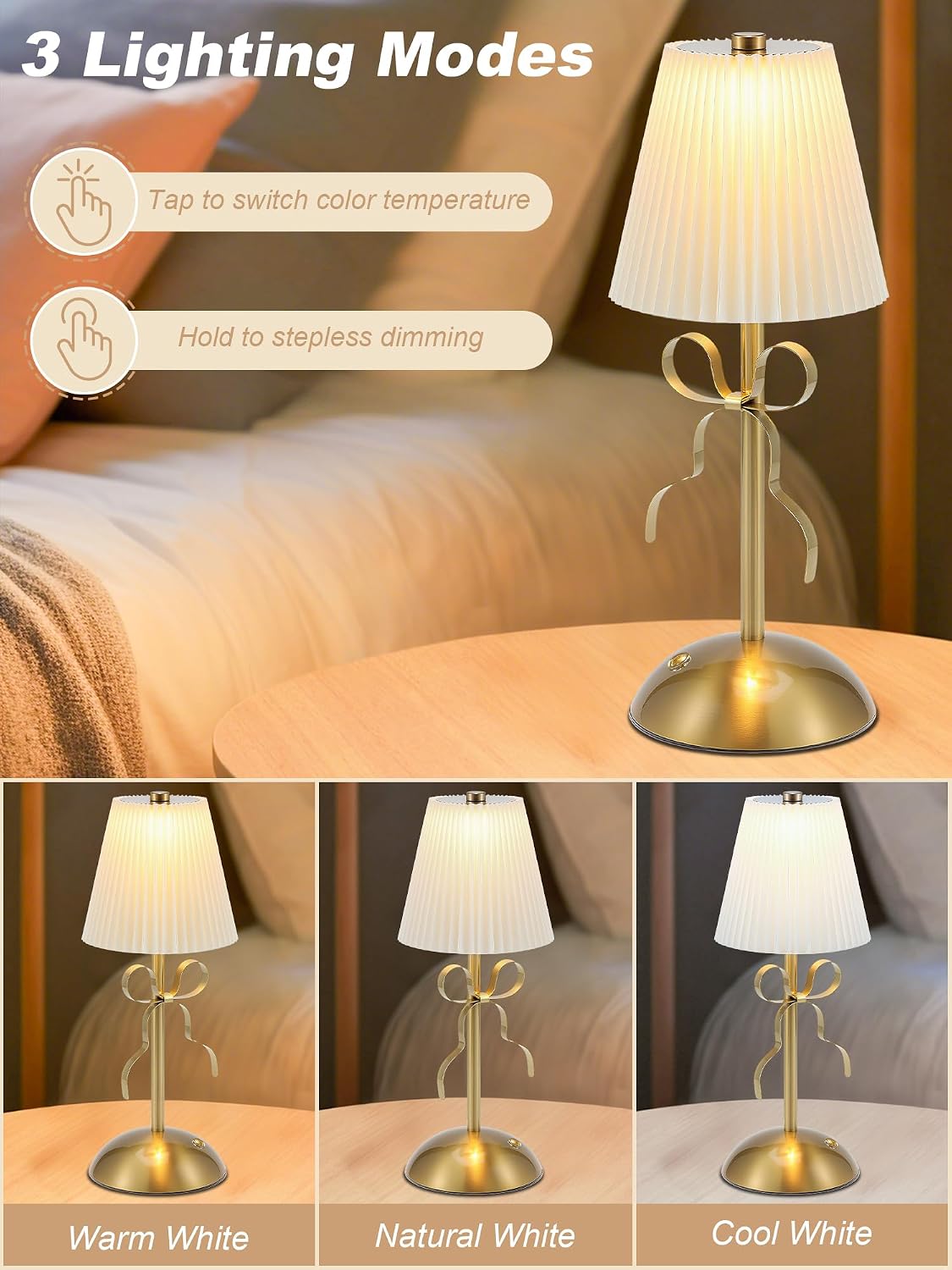 Cordless Table Lamp, Small Gold Bow Night Light, LED Rechargeable