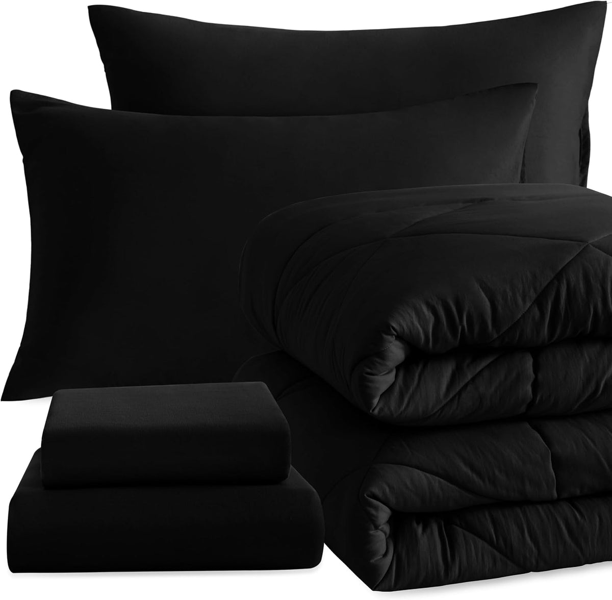 NTBAY Twin Microfiber Bed in a Bag, Comforter Set with Sheet 5 Piece, Black