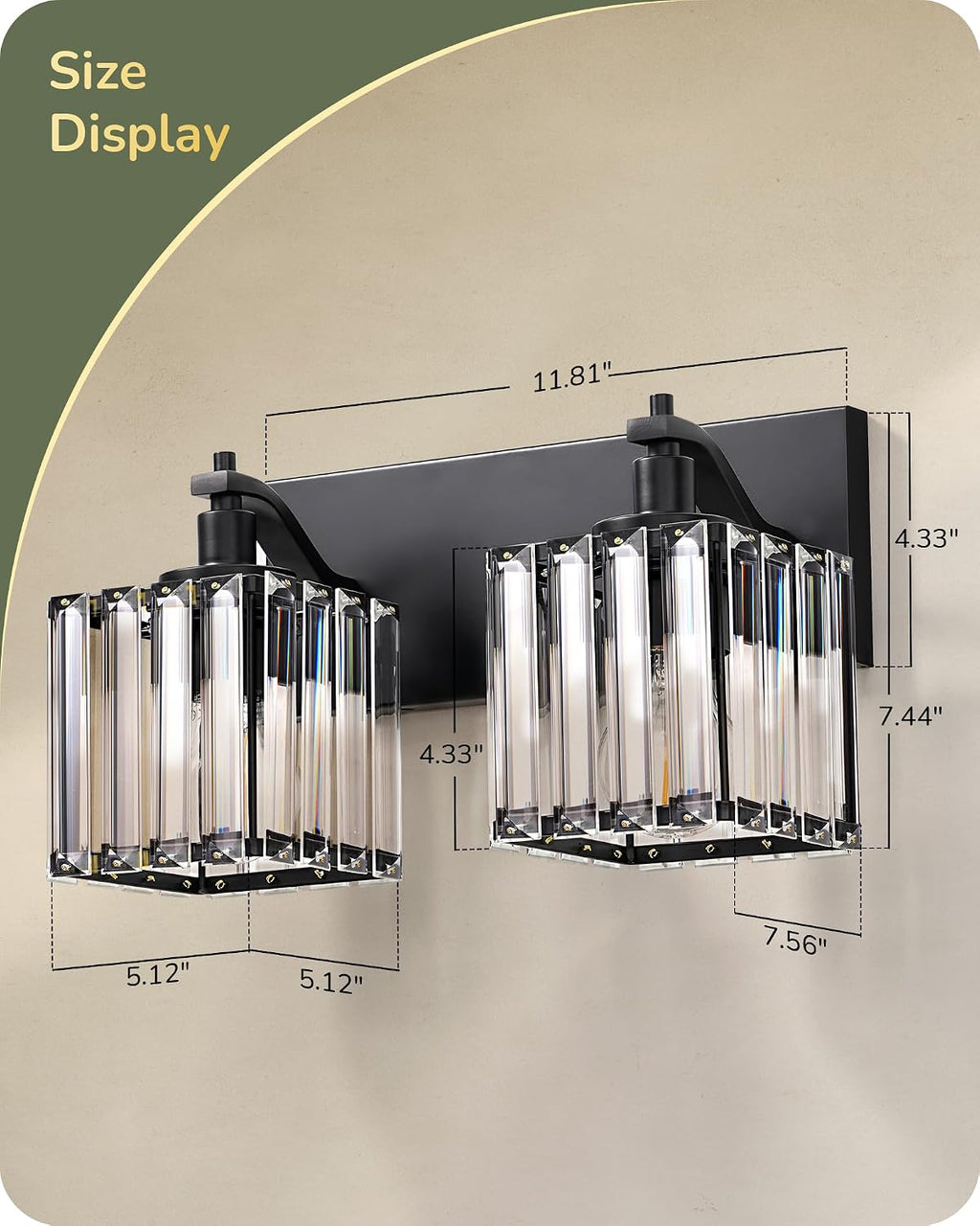 EDISHINE 2-Light Black Bathroom Vanity Light, Crystal Sconce Over Mirror