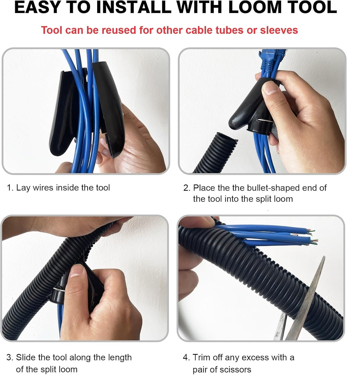 25FT - 1/2 Inch Split Wire Loom with Installation Tool - Black