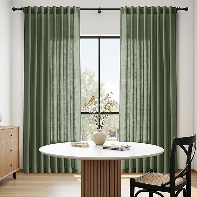 Nanspring Olive Green Linen Sheer Curtains 84 Inch Length 2 Panels - Image 8