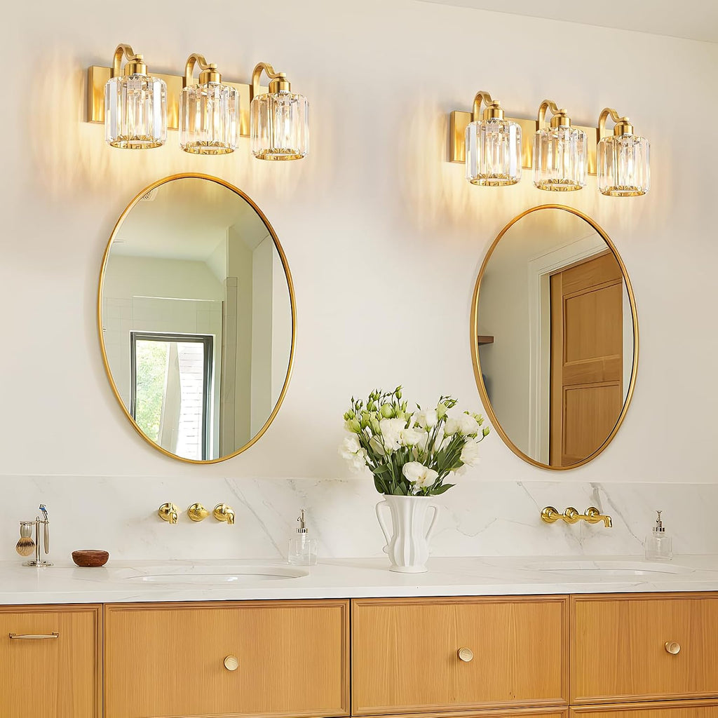 3-Light Gold Bathroom Light Fixtures,Modern Bathroom Vanity Lights Fixture with Clear Crystal Glass Shade, Modern Crystal 3 Lights Wall Sconce (Exclude Bulb)