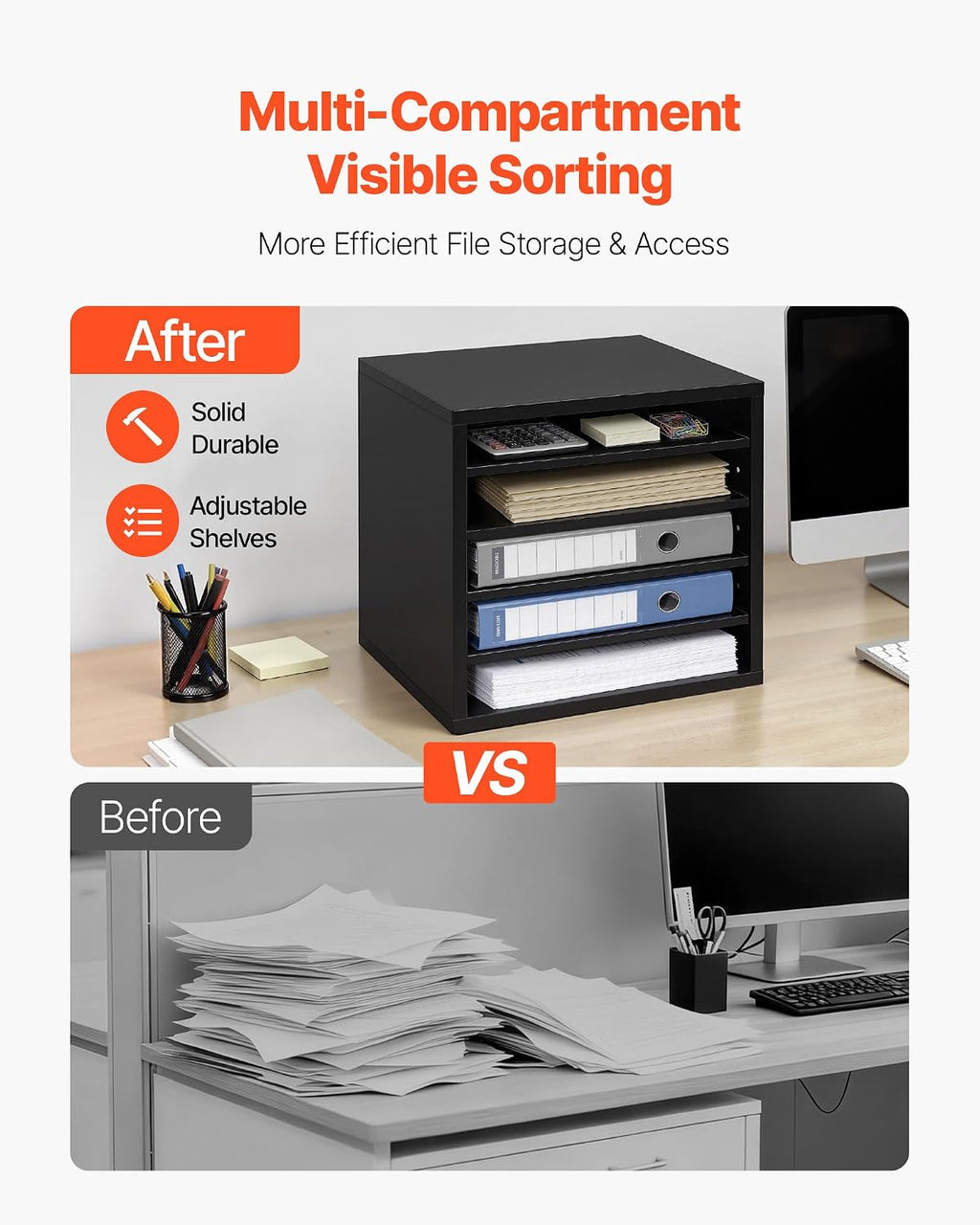 VEVOR Literature Organizer, 5 Compartments Office Mailbox with Adjustable Shelves, Wooden Mailbox Sorter with MDF, Countertop Office Home Classroom Storage Organizer for File, Document, Paper, Black