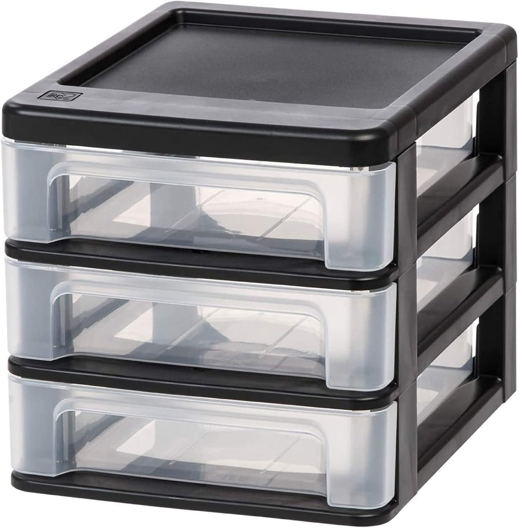 IRIS USA 2-Pack, 3-Drawer Small Plastic Stacking Desktop Organizer, Black