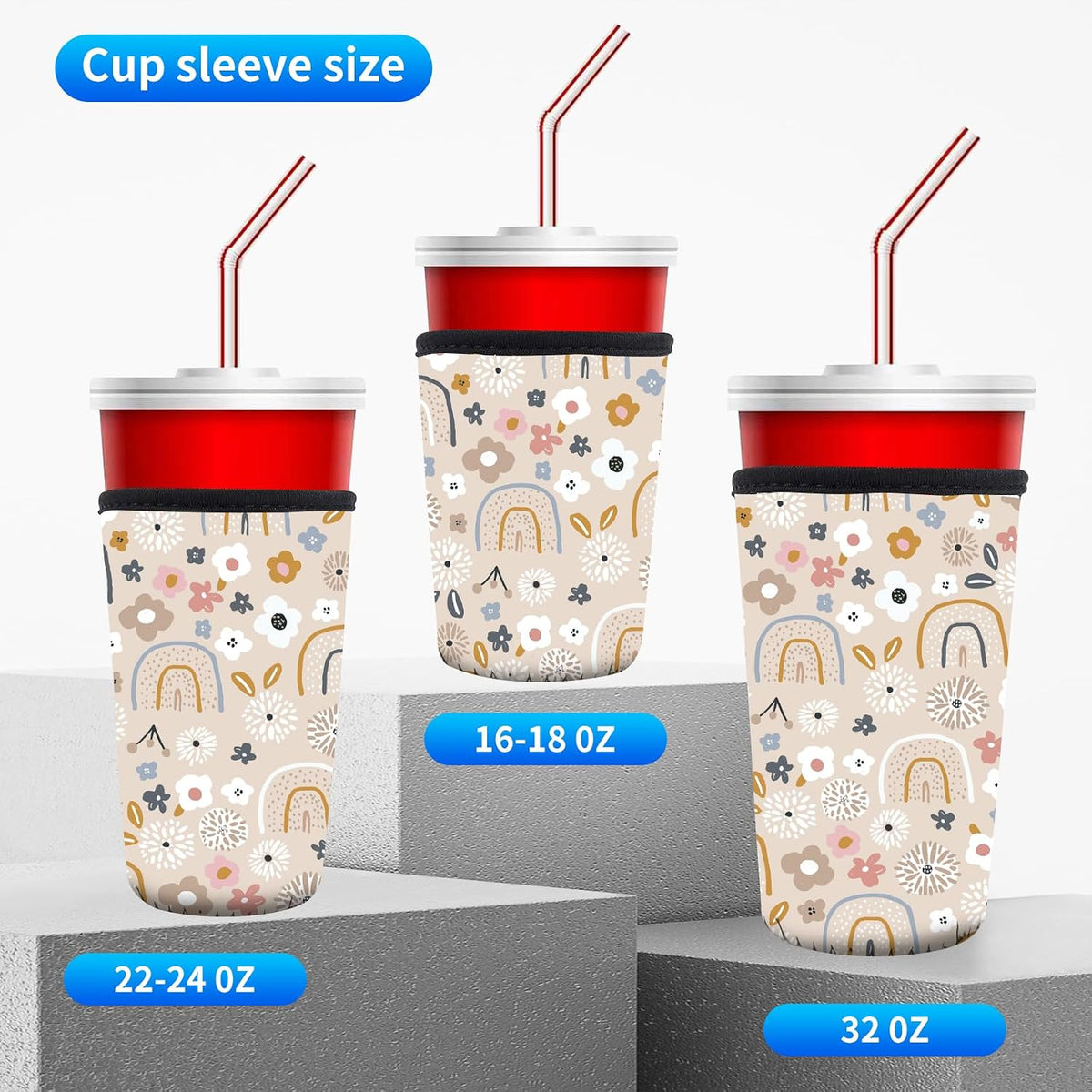 3 Pack Reusable Neoprene Insulator Sleeve for Iced Coffee Cups, Funny Coffee Cup Sleeves for 16-32oz Coffee cups, Cute Drink Sleeve for Cold Hot Beverages Boho Rainbow