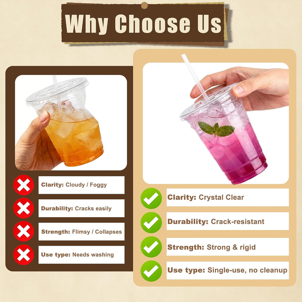 Zcaukya 100 Pack 16oz Plastic Cups with Lids and Straws, Disposable Clear Cups for Iced Coffee, Soda, Smoothies, Fruit Juices, Iced Tea and Coffee Bar Accessories
