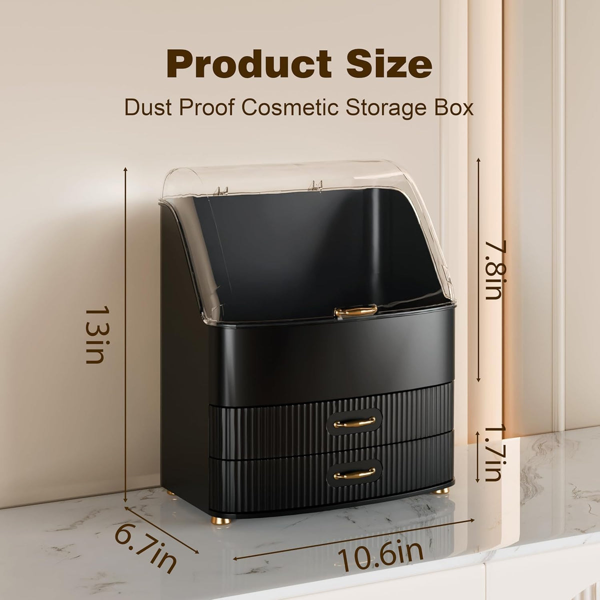 Makeup Organizer Countertop Vanity with Transparent Lid Drawers Waterproof Dustproof Cosmetic Skincare Bathroom Storage Gift for Women Teens Girls (Black)