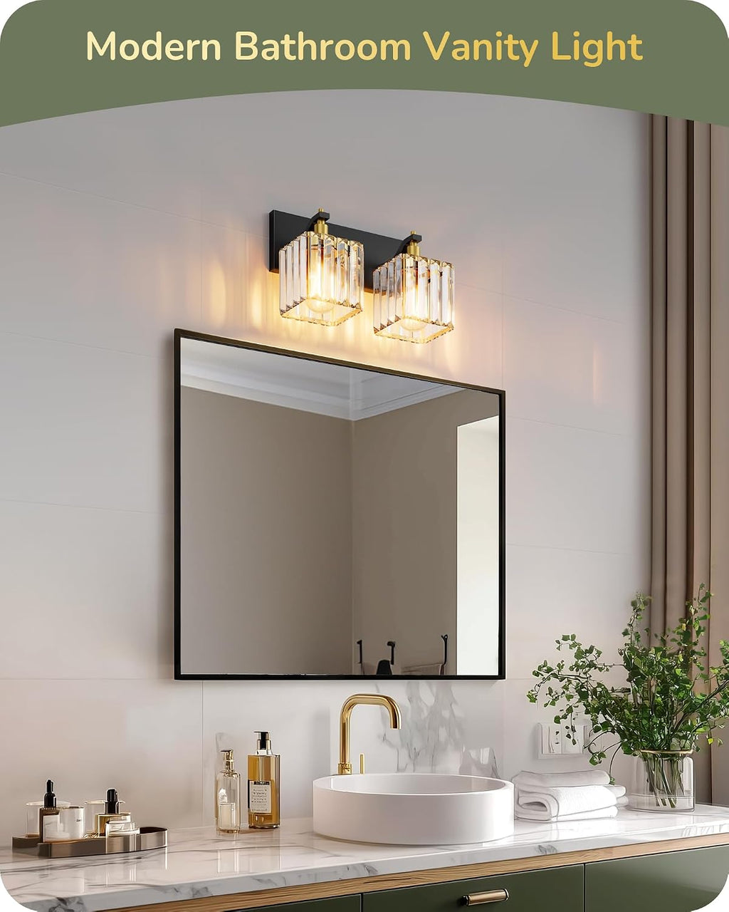 EDISHINE 2-Light Black Gold Bathroom Vanity Light, Crystal Wall Sconce, E26