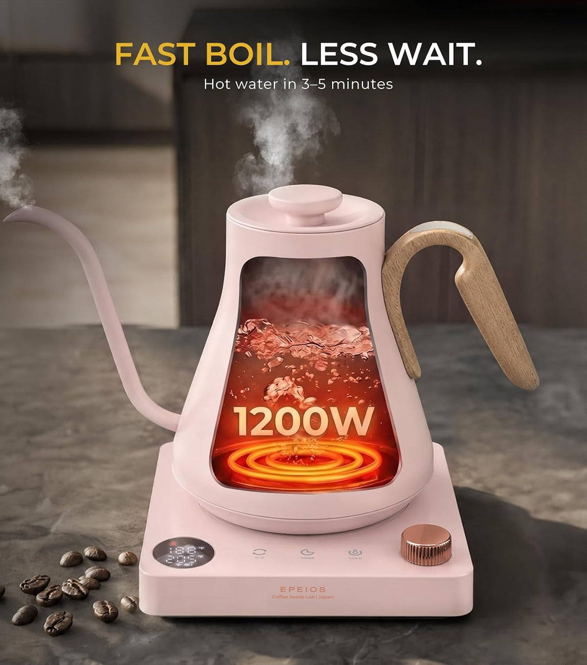 Epeios Gooseneck Electric Kettle with Temp Control,1200W,0.9L,Blush Pink