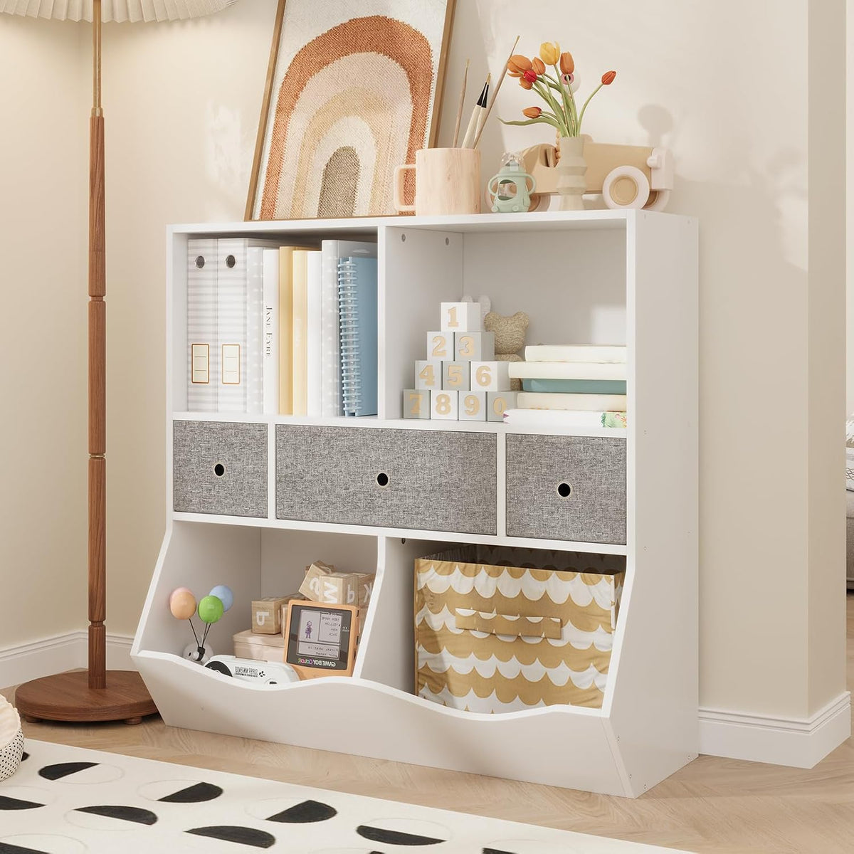 IDEALHOUSE 3-Tier Kids Bookshelf, Toy Storage Organizer with 3 Drawers,Wooden Bookcase with Large Toy Storage Cabinet for Playroom, Hallway, Kindergarten, School Toy Shelf Organization,(White)