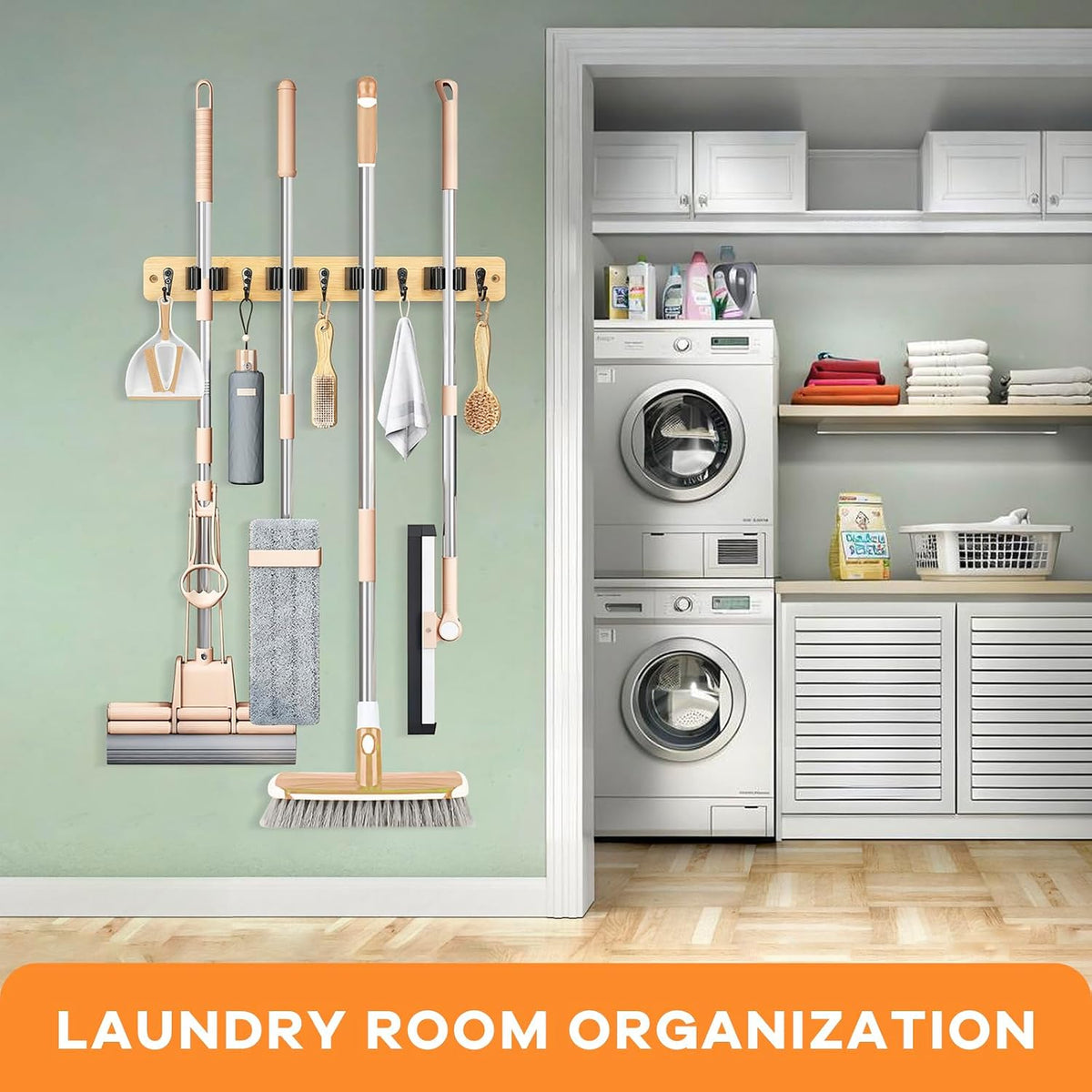 IMILLET Broom Holder Wall Mount, Rustic Broom Hanger for Laundry Room